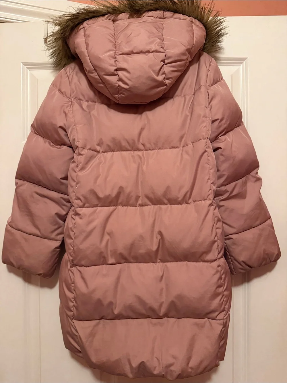 GAP Girls' Pale Pink Puffer Coat with Faux Fur Hood